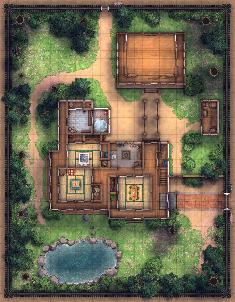 Japanese Manor - Tendo Dojo Battlemap - detailed japanese estate map - Digital, Foundry VTT, Print