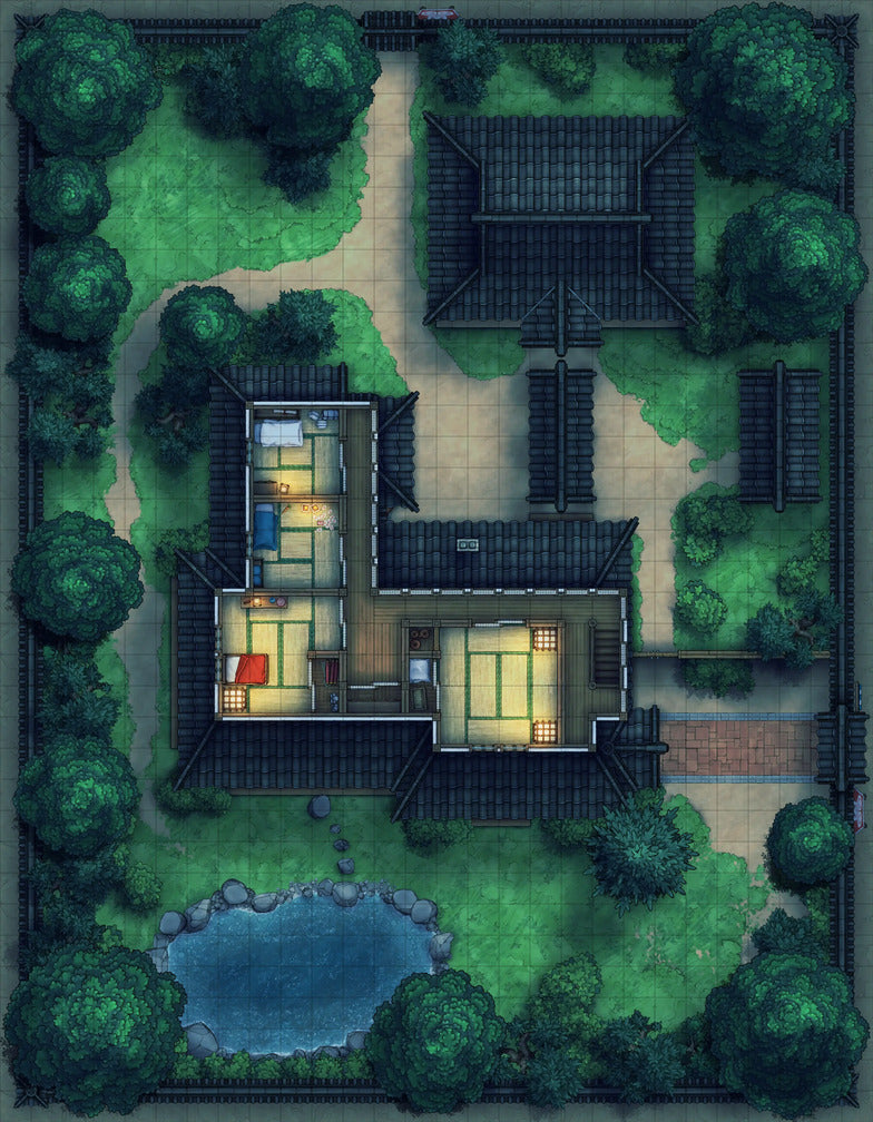Japanese Manor - Tendo Dojo Battlemap - japanese estate map - Digital, Foundry VTT, Print