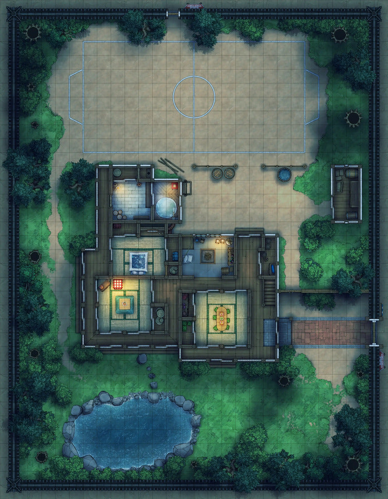 Japanese Manor - Tendo Dojo Battlemap - nighttime japanese estate map - Digital, Foundry VTT, Print