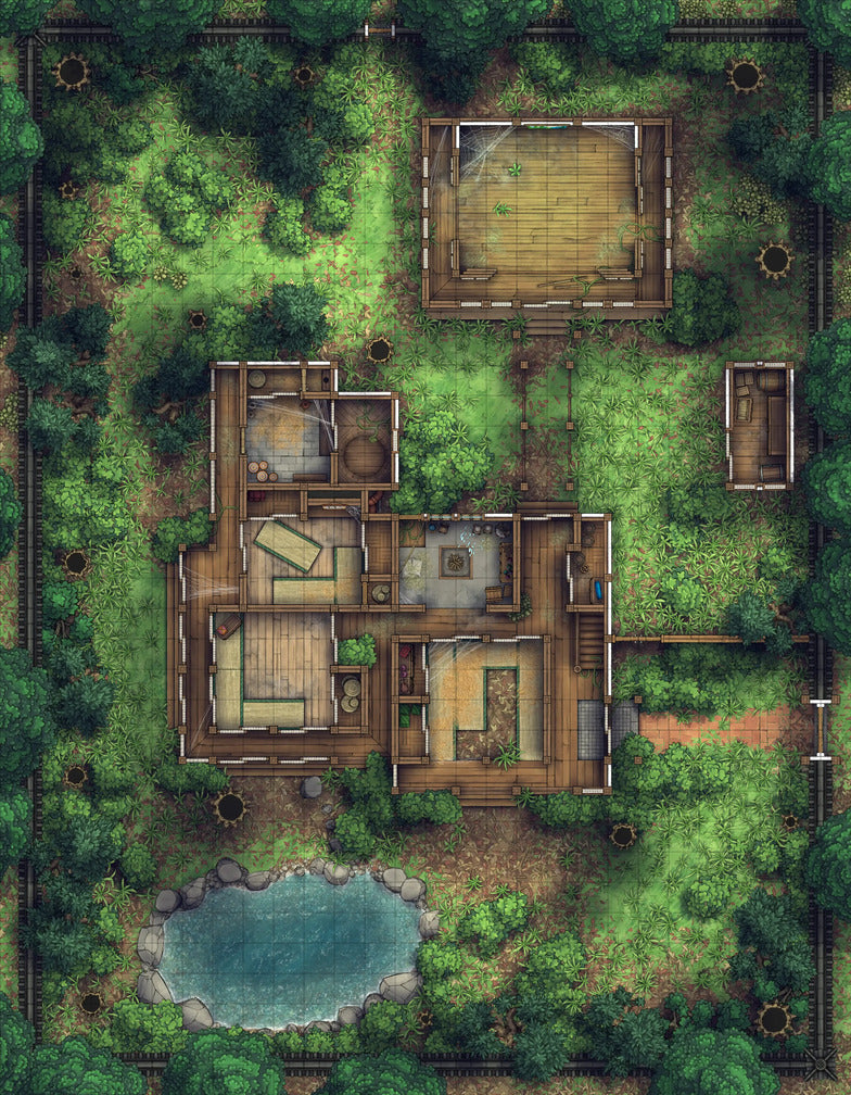 Japanese Manor - Tendo Dojo Battlemap - overgrown estate map - Digital, Foundry VTT, Print
