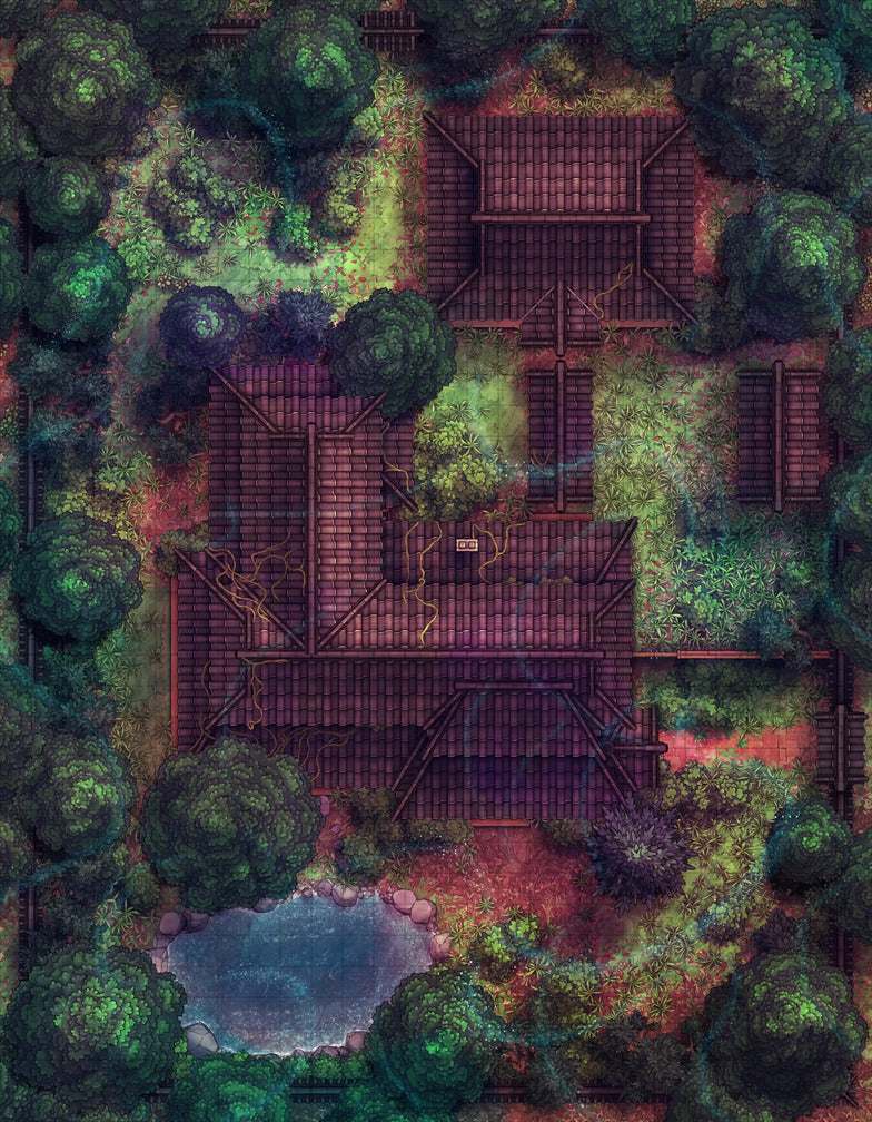 Japanese Manor - Tendo Dojo Battlemap - overgrown forest temple - Digital, Foundry VTT, Print