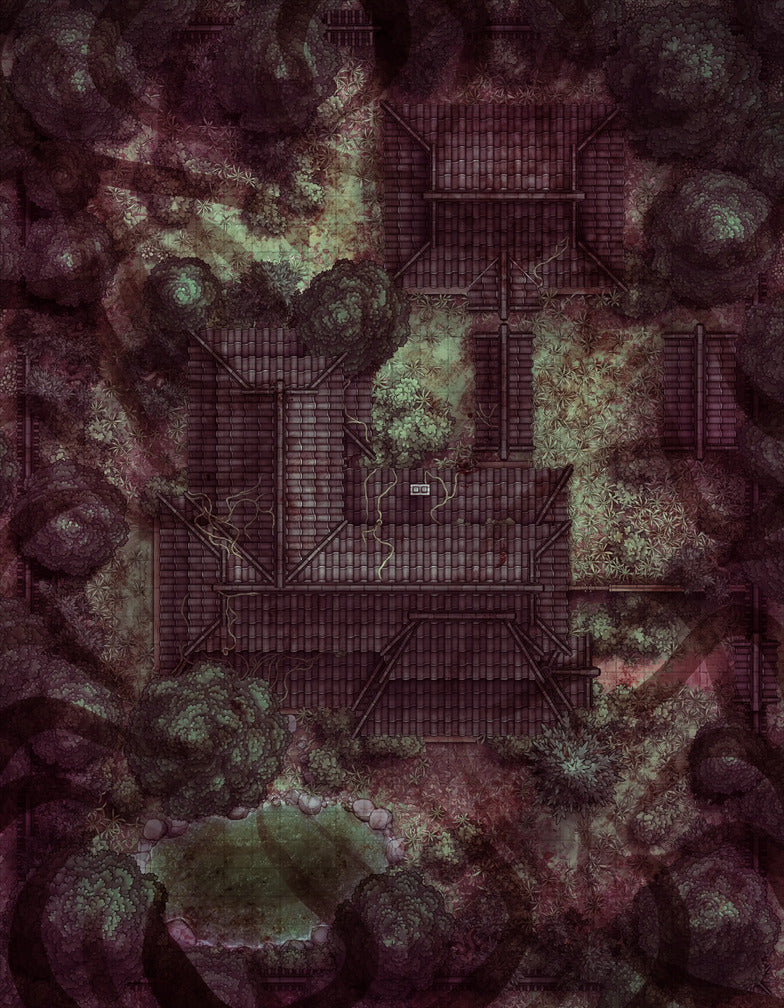 Japanese Manor - Tendo Dojo Battlemap - overhead view dark wooded - Digital, Foundry VTT, Print