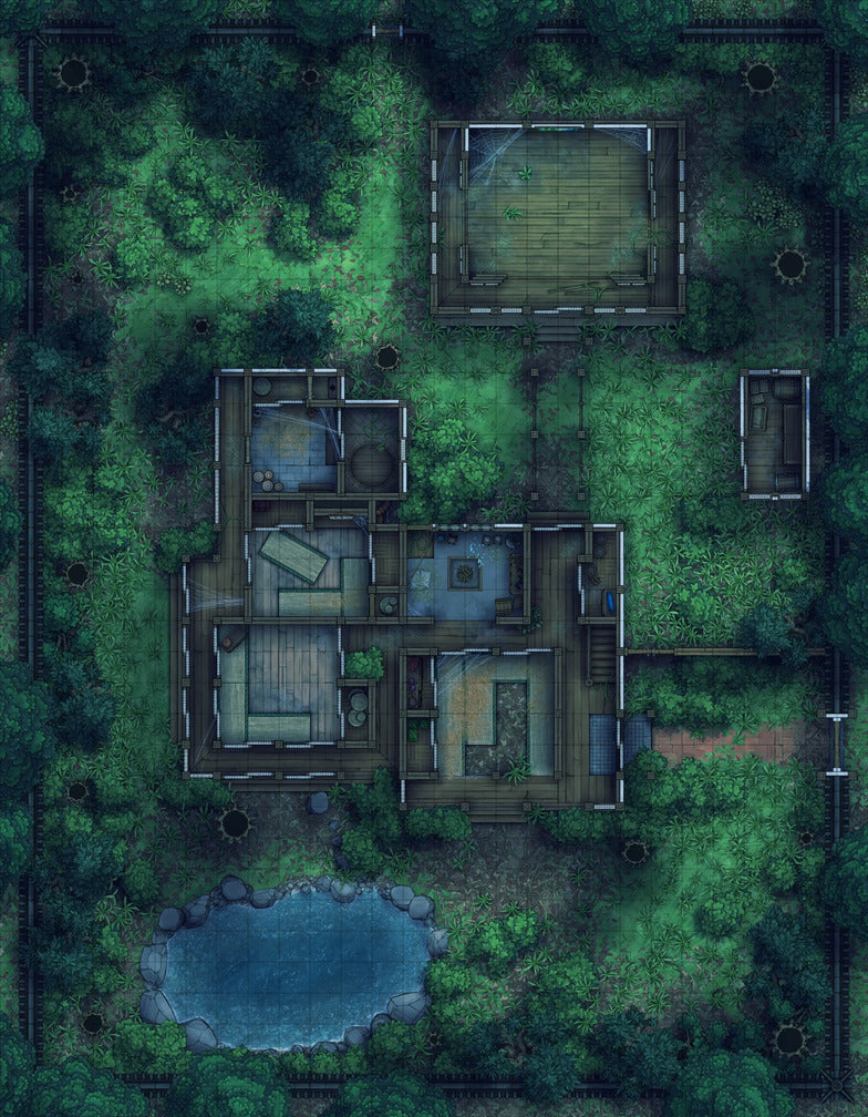 Japanese Manor - Tendo Dojo Battlemap - overhead view dilapidated estate - Digital, Foundry VTT, Print