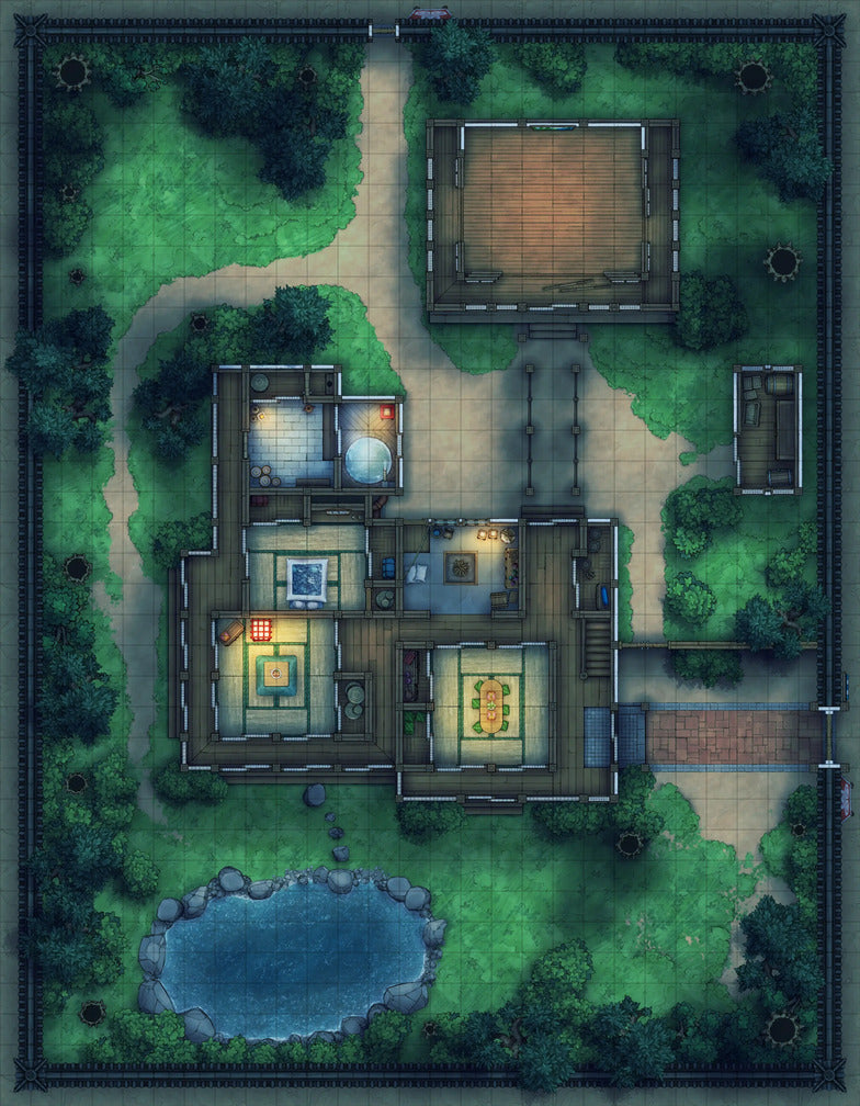 Japanese Manor - Tendo Dojo Battlemap - overhead view japanese estate - Digital, Foundry VTT, Print