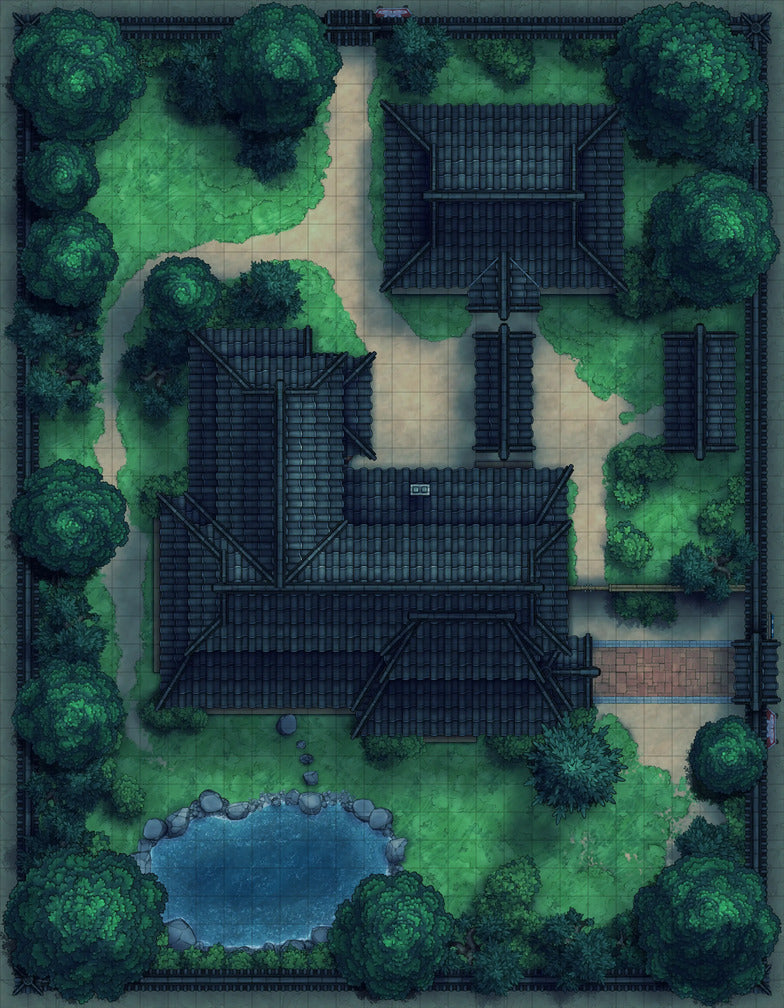 Japanese Manor - Tendo Dojo Battlemap - overhead view japanese estate - Digital, Foundry VTT, Print