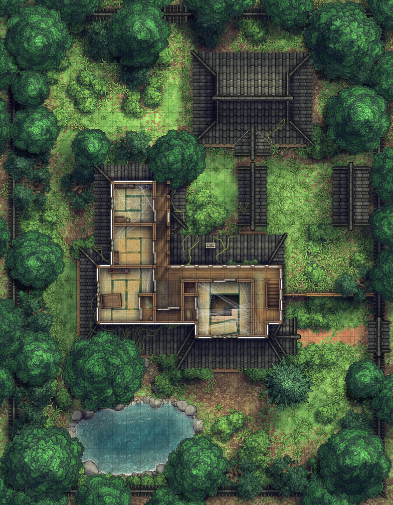 Japanese Manor - Tendo Dojo Battlemap - overhead view forest - Digital, Foundry VTT, Print
