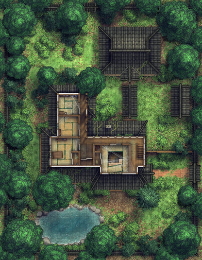 Japanese Manor - Tendo Dojo Battlemap - overhead view forest - Digital, Foundry VTT, Print