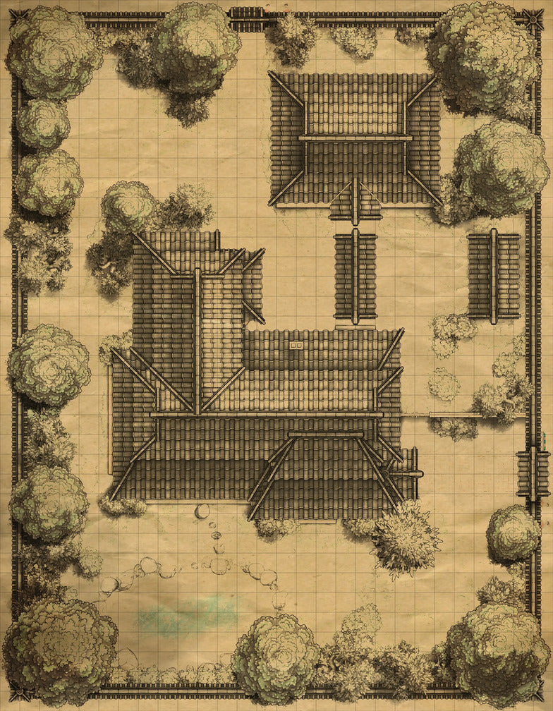 Japanese Manor - Tendo Dojo Battlemap - overhead view japanese-style compound - Digital, Foundry VTT, Print