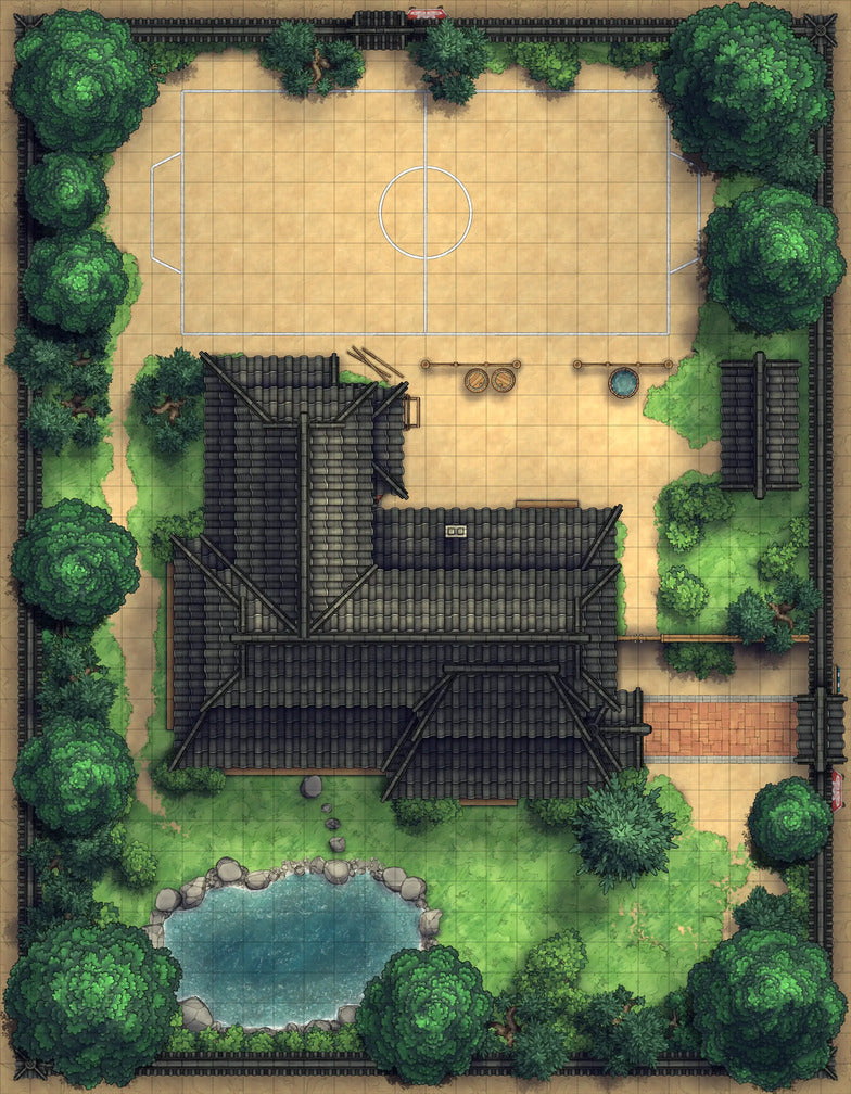 Japanese Manor - Tendo Dojo Battlemap - overhead view japanese-style estate - Digital, Foundry VTT, Print