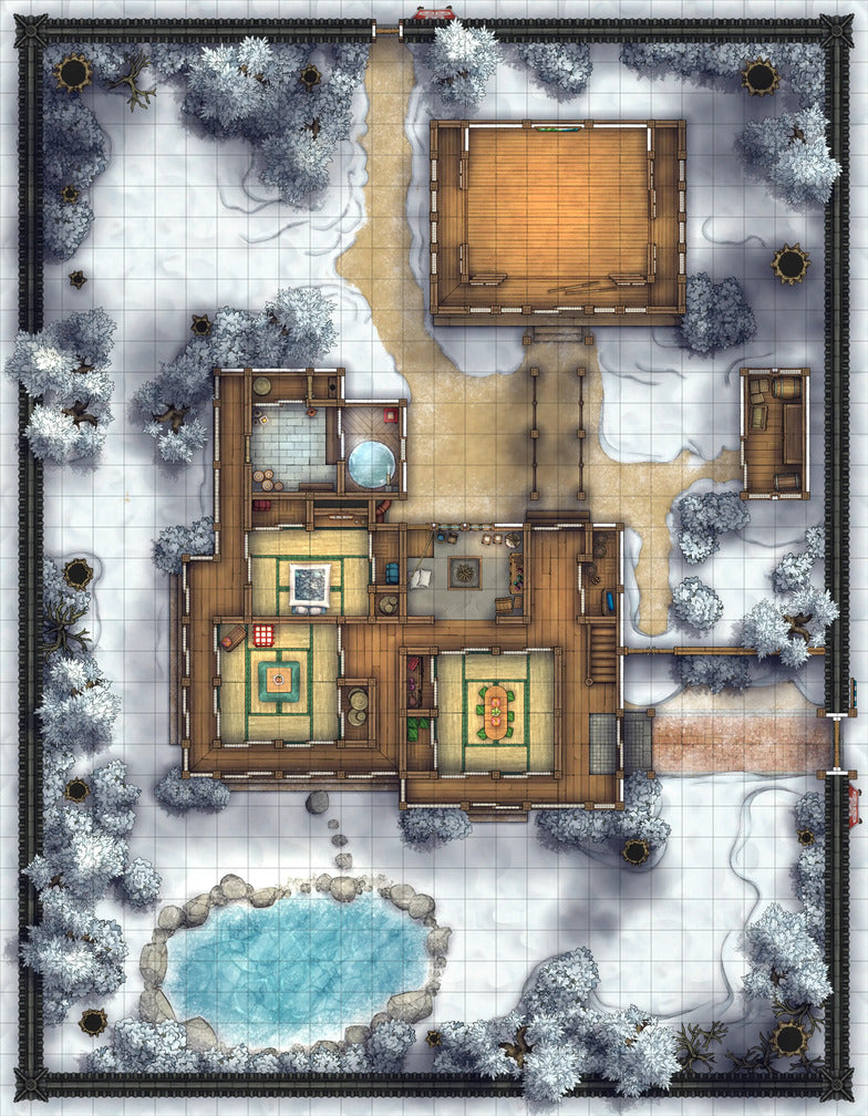 Japanese Manor - Tendo Dojo Battlemap - snowy japanese estate - Digital, Foundry VTT, Print