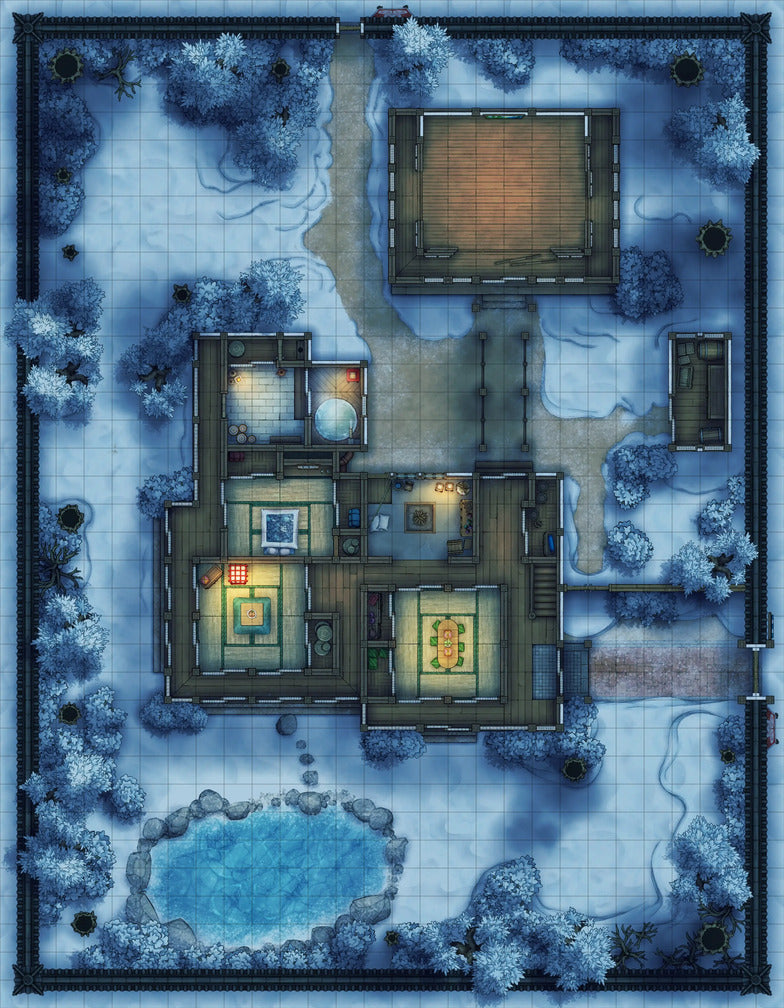 Japanese Manor - Tendo Dojo Battlemap - snowy japanese estate - Digital, Foundry VTT, Print