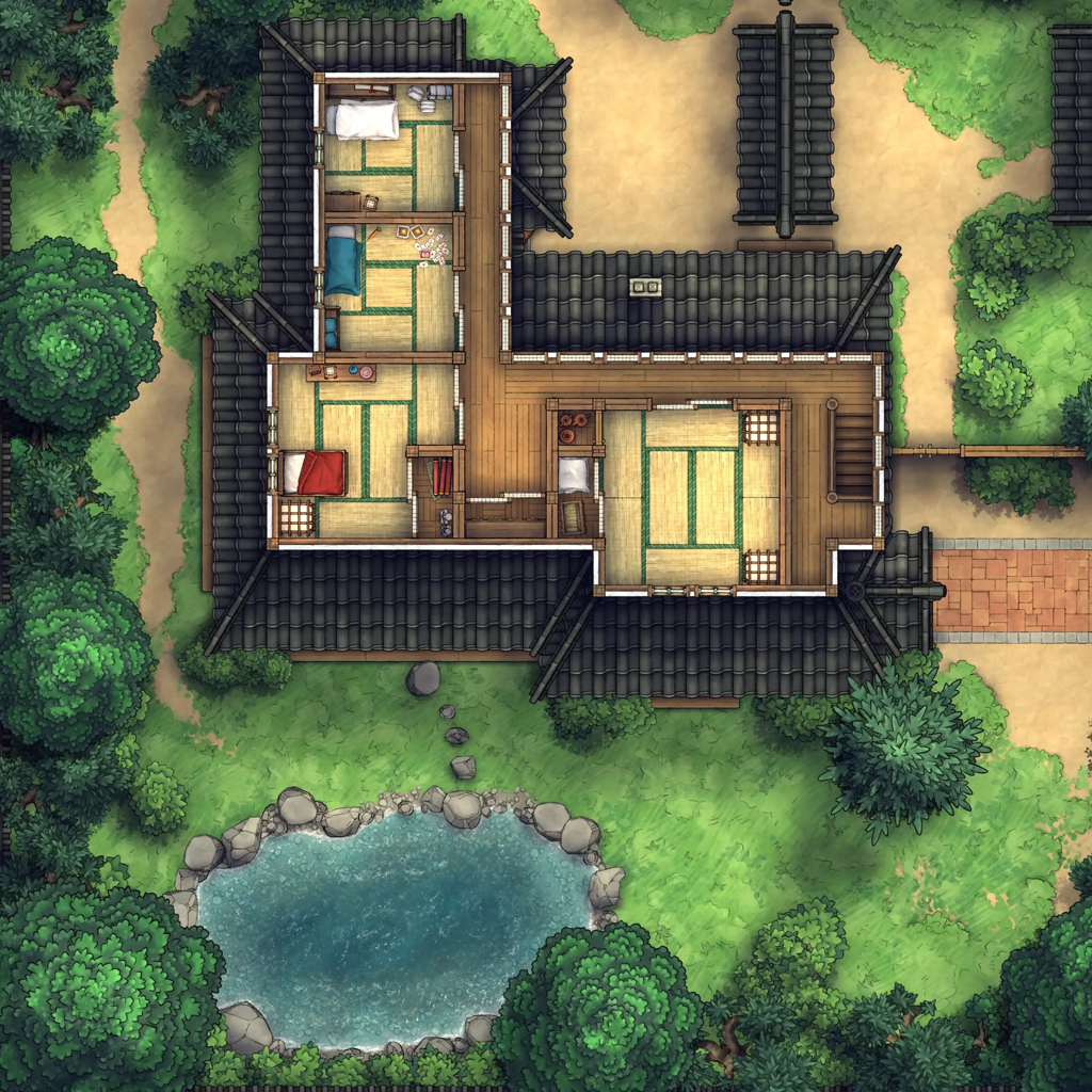 Japanese Manor - Tendo Dojo Battlemap - japanese-style house floor plan - Digital, Foundry VTT, Print