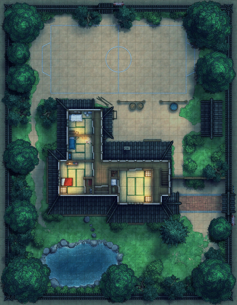 Japanese Manor - Tendo Dojo Battlemap - japanese-style house garden - Digital, Foundry VTT, Print