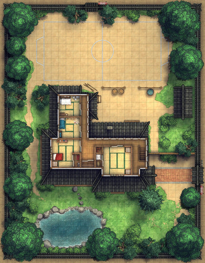 Japanese Manor - Tendo Dojo Battlemap - japanese-style house garden - Digital, Foundry VTT, Print