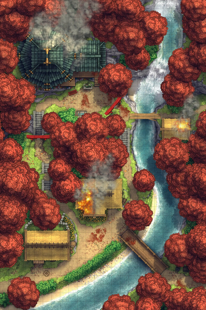 Japanese Mountain Village Temple Map Battlemap - village map - Digital, Foundry VTT, Print