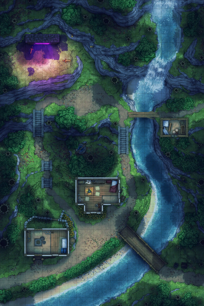 Japanese Mountain Village Temple Map Battlemap - fantasy forest map buildings river - Digital, Foundry VTT, Print