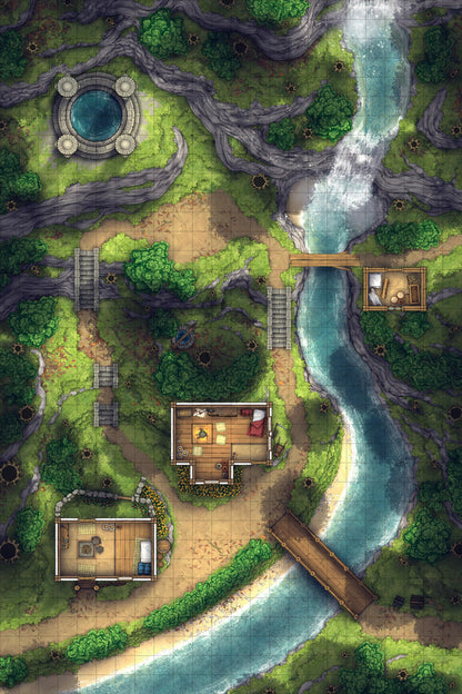 Japanese Mountain Village Temple Map Battlemap - fantasy forest map buildings river - Digital, Foundry VTT, Print
