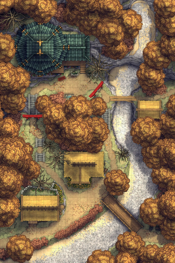 A battlemap featuring a dying Japanese mountain village, surrounded by dead maples, a couple of peasant cottages, and a dried-up waterfall, for any D&D or other tabletop RPG campaign.