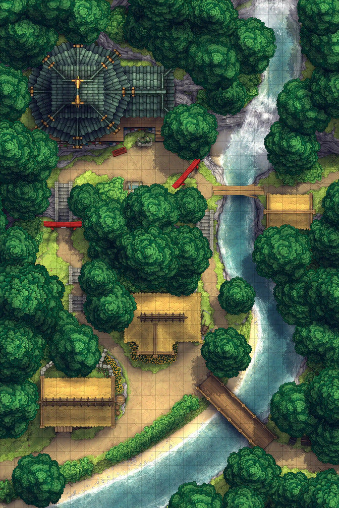 Japanese Mountain Village Temple Map Battlemap - overhead view village map - Digital, Foundry VTT, Print