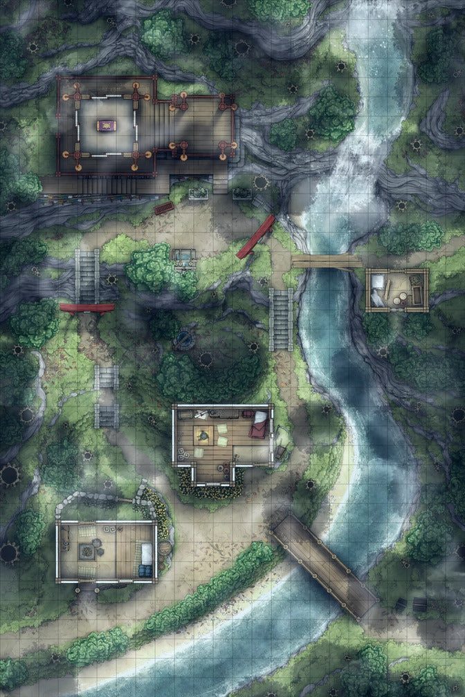 Japanese Mountain Village Temple Map Battlemap - overhead view riverside settlement - Digital, Foundry VTT, Print