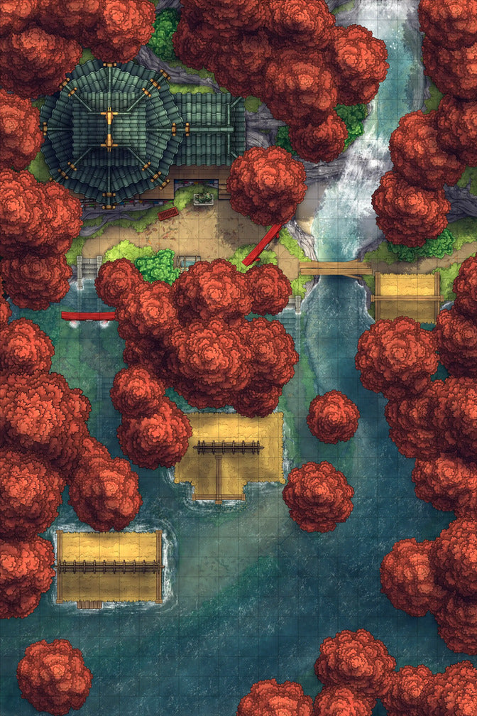 Japanese Mountain Village Temple Map Battlemap - overhead view japanese village - Digital, Foundry VTT, Print