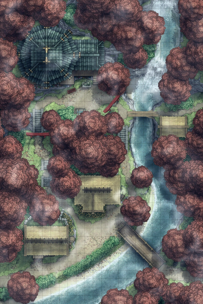 Japanese Mountain Village Temple Map Battlemap - overhead view village - Digital, Foundry VTT, Print