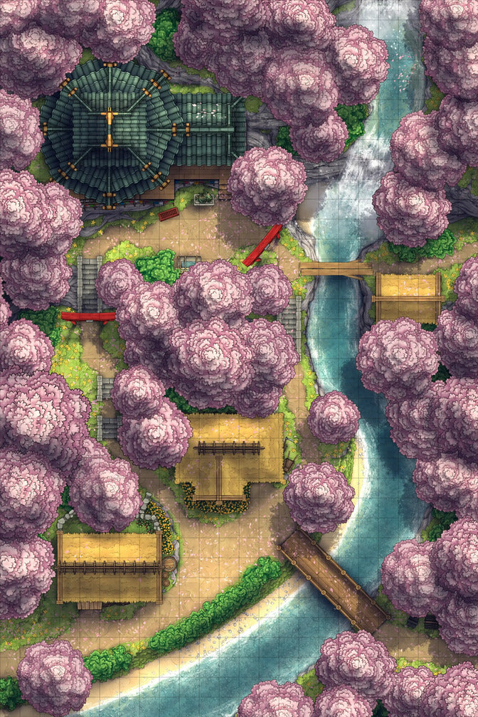 Japanese Mountain Village Temple Map Battlemap - overhead view village cherry blossoms - Digital, Foundry VTT, Print