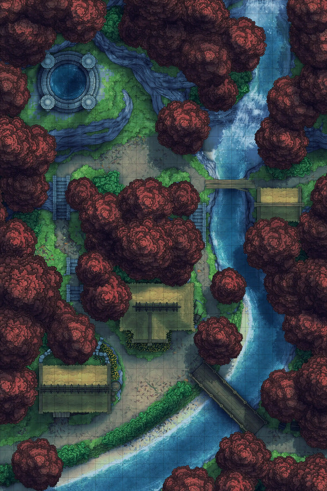 Japanese Mountain Village Temple Map Battlemap - overhead view fantasy map - Digital, Foundry VTT, Print