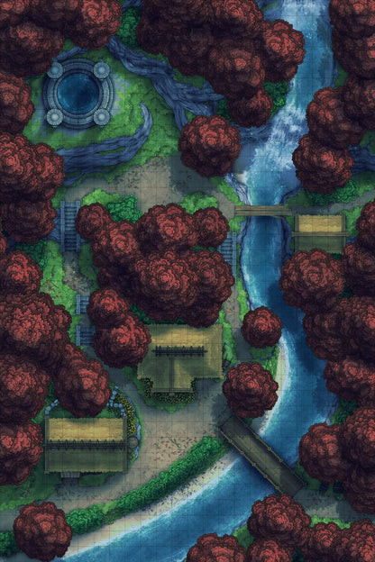 Japanese Mountain Village Temple Map Battlemap - overhead view fantasy map - Digital, Foundry VTT, Print