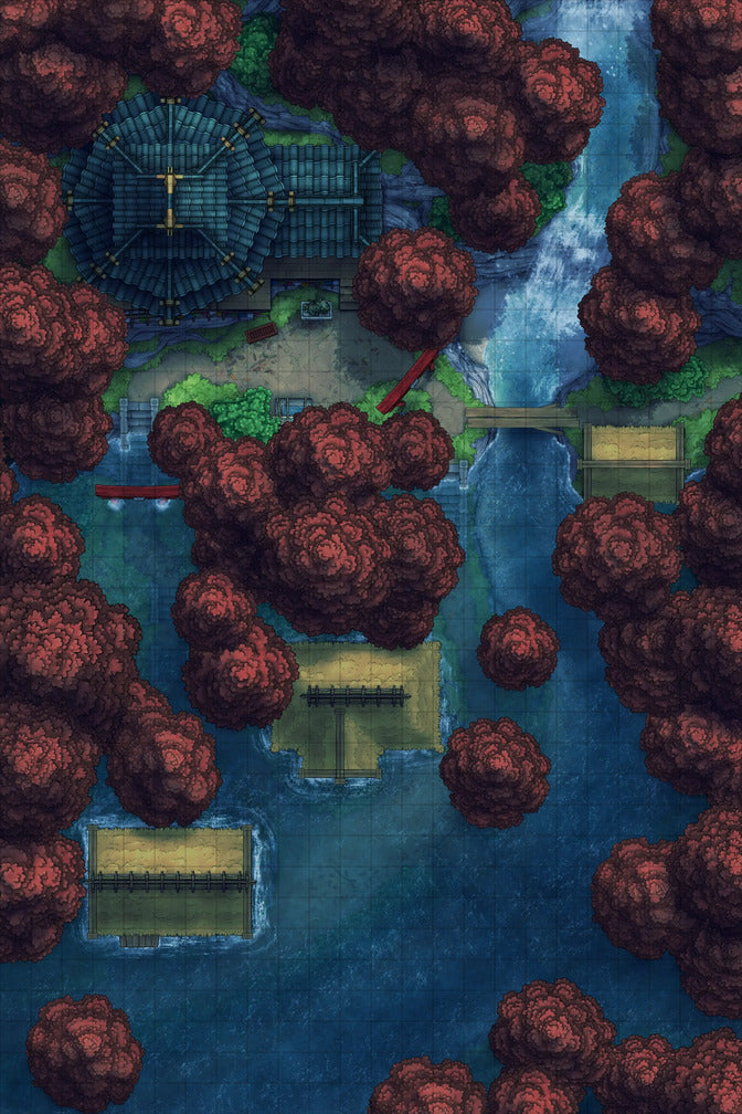 Japanese Mountain Village Temple Map Battlemap - overhead view fantasy village - Digital, Foundry VTT, Print