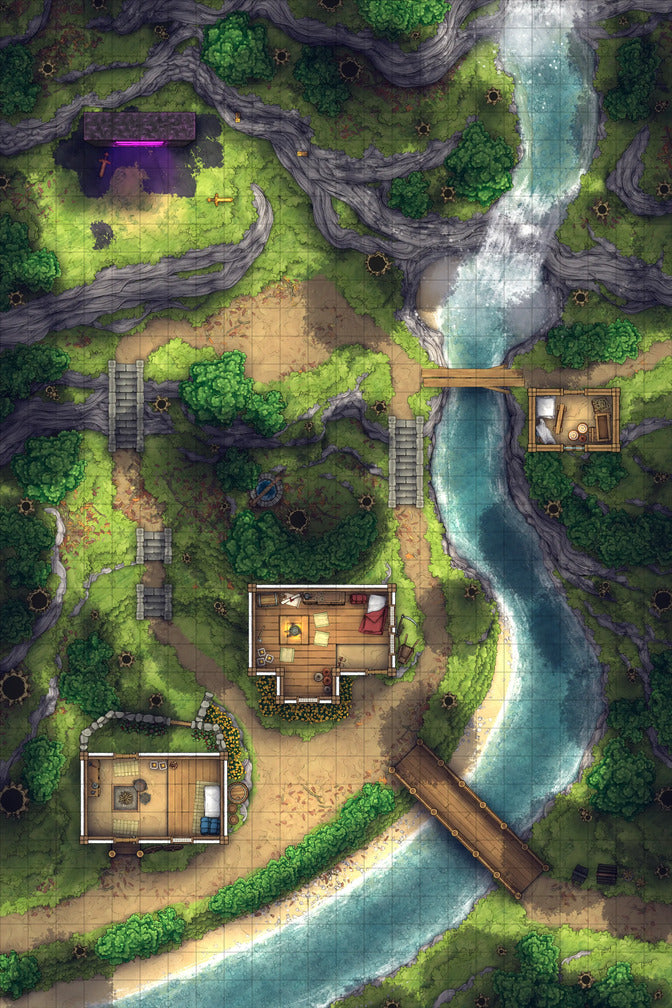 Japanese Mountain Village Temple Map Battlemap - overhead view forest map buildings - Digital, Foundry VTT, Print