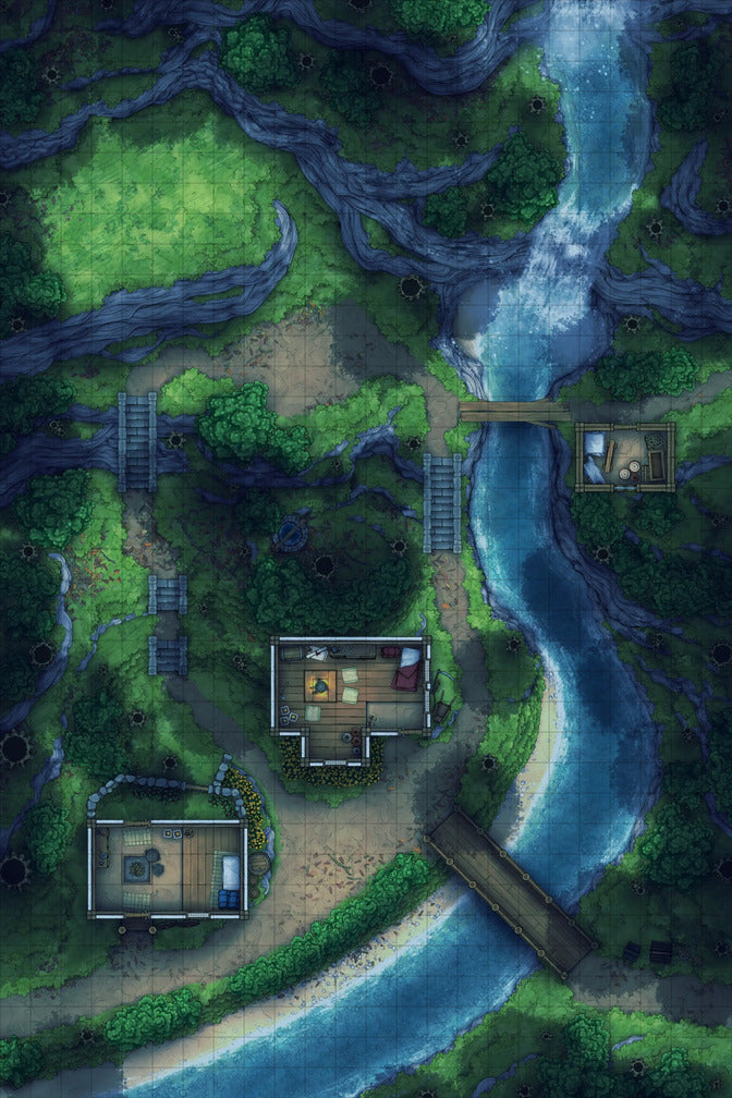 Japanese Mountain Village Temple Map Battlemap - overhead view forest village - Digital, Foundry VTT, Print