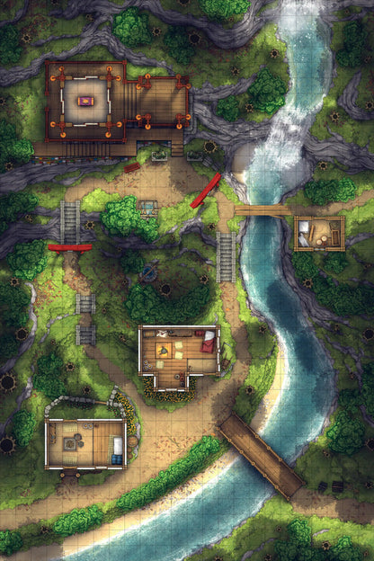 A canopy-free battlemap featuring a little shrine and irregular pagoda structure dedicated to your local deity or spirit, in a Japanese mountain village, surrounded by red maples, a couple of little cottages, and a rushing waterfall, for any D&D or other tabletop RPG campaign.
