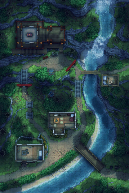 A nighttime battlemap featuring a little shrine and irregular pagoda structure dedicated to your local deity or spirit, in a Japanese mountain village, surrounded by red maples, a couple of little cottages, and a rushing waterfall, for any D&D or other tabletop RPG campaign.
