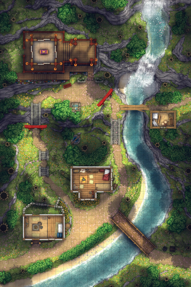 Japanese Mountain Village Temple Map Battlemap - overhead view forest village - Digital, Foundry VTT, Print