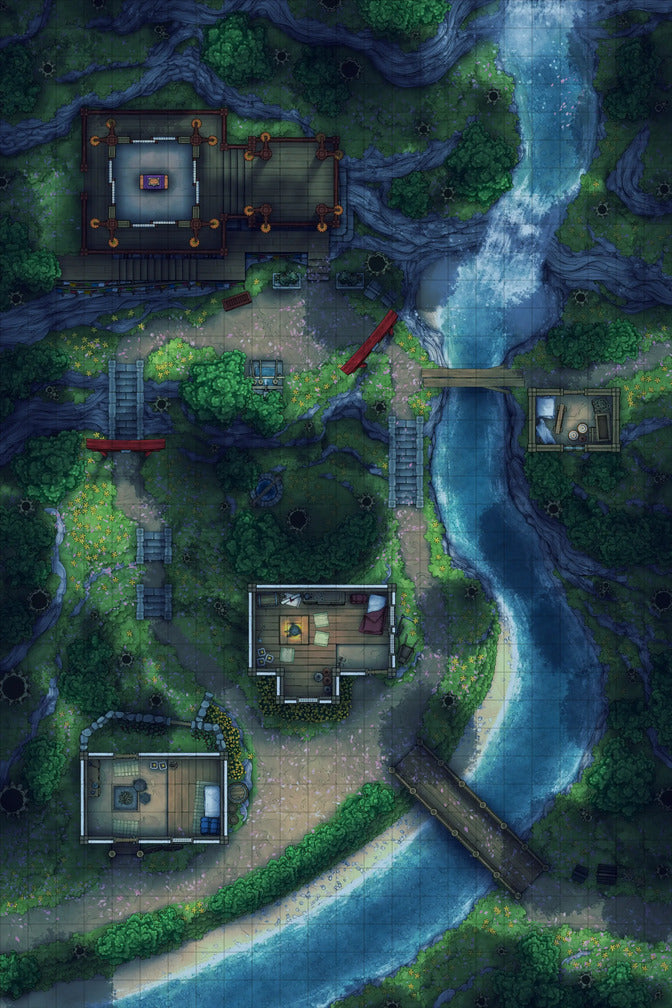 Japanese Mountain Village Temple Map Battlemap - overhead view forest village - Digital, Foundry VTT, Print