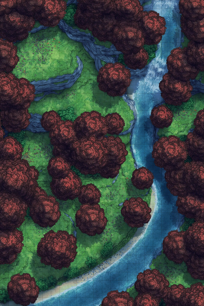 Japanese Mountain Village Temple Map Battlemap - overhead view forest river - Digital, Foundry VTT, Print