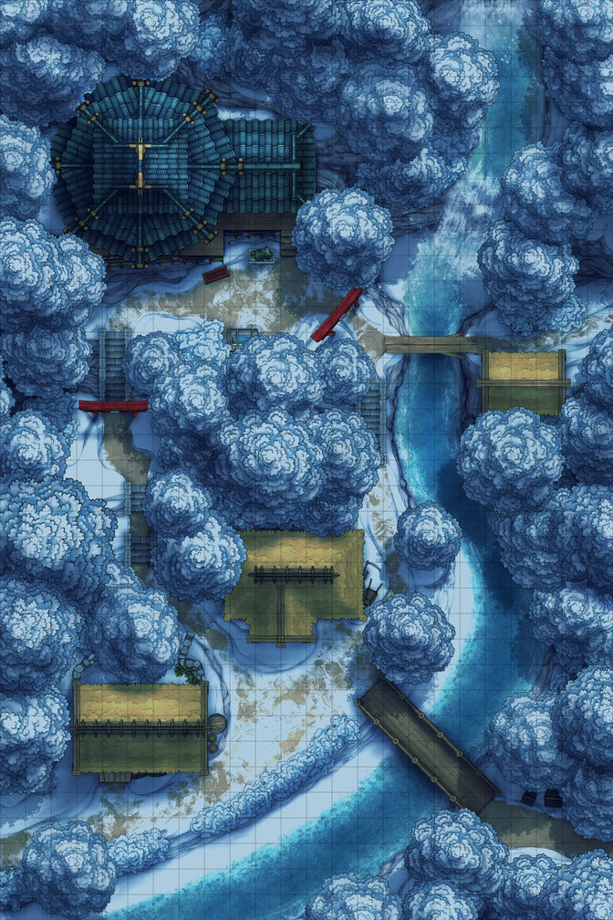 Japanese Mountain Village Temple Map Battlemap - snowy village map - Digital, Foundry VTT, Print