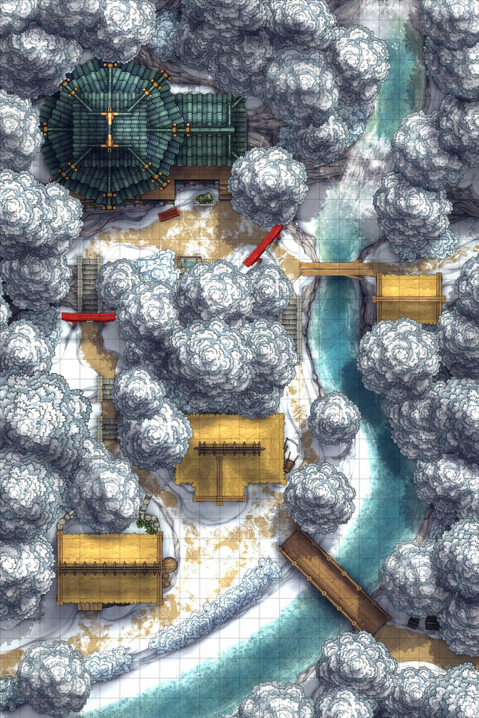 Japanese Mountain Village Temple Map Battlemap - snowy village map - Digital, Foundry VTT, Print