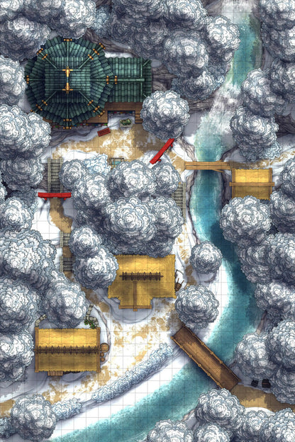 Japanese Mountain Village Temple Map Battlemap - snowy village map - Digital, Foundry VTT, Print