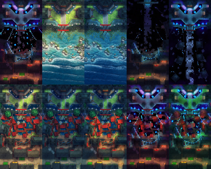 Mega Asian City Bundle Battlemap - blue red spaceship model intricate - Digital, Foundry VTT, Print