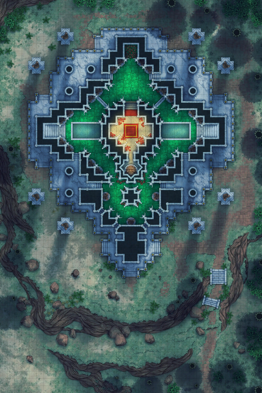 Minotaur Stupa / Bull Temple Battlemap - ornate symmetrical temple complex - Digital, Foundry VTT, Print