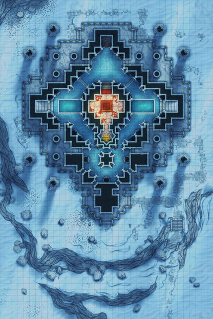 Minotaur Stupa / Bull Temple Battlemap - snowy cross-shaped temple - Digital, Foundry VTT, Print
