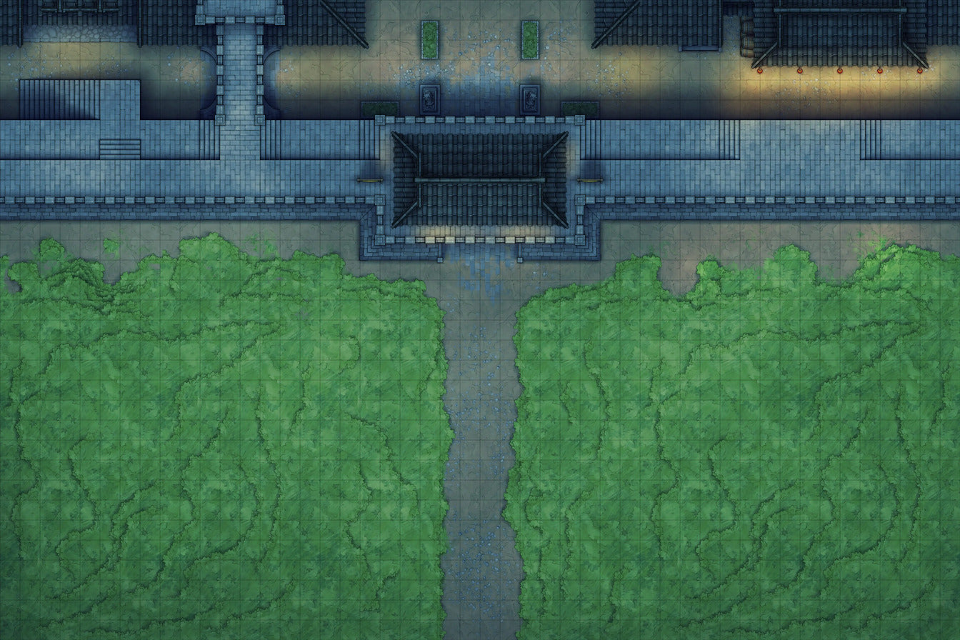 Modular Asian City Walls Tileset Battlemap - gray stone bridge green grass - Digital, Foundry VTT, Print