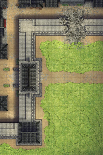 Modular Asian City Walls Tileset Battlemap - gray stone castle model green - Digital, Foundry VTT, Print