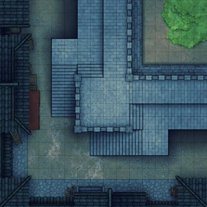 Modular Asian City Walls Tileset Battlemap - gray stone staircase green moss - Digital, Foundry VTT, Print