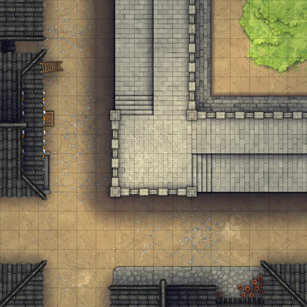 Modular Asian City Walls Tileset Battlemap - gray stone staircase red flower - Digital, Foundry VTT, Print