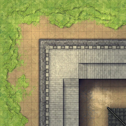 Modular Asian City Walls Tileset Battlemap - gray stone wall corner green - Digital, Foundry VTT, Print