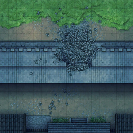 Modular Asian City Walls Tileset Battlemap - green moss-covered stone wall waterfall - Digital, Foundry VTT, Print