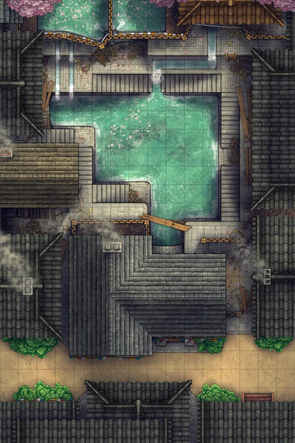 Modular Japanese Alleys & Streets Tileset Battlemap - overhead view japanese bathhouse - Digital, Foundry VTT, Print